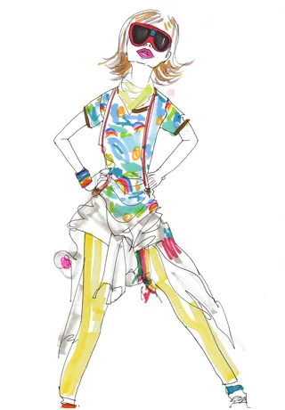 Stylish young girl wearing rainbow braces and colorful outfit