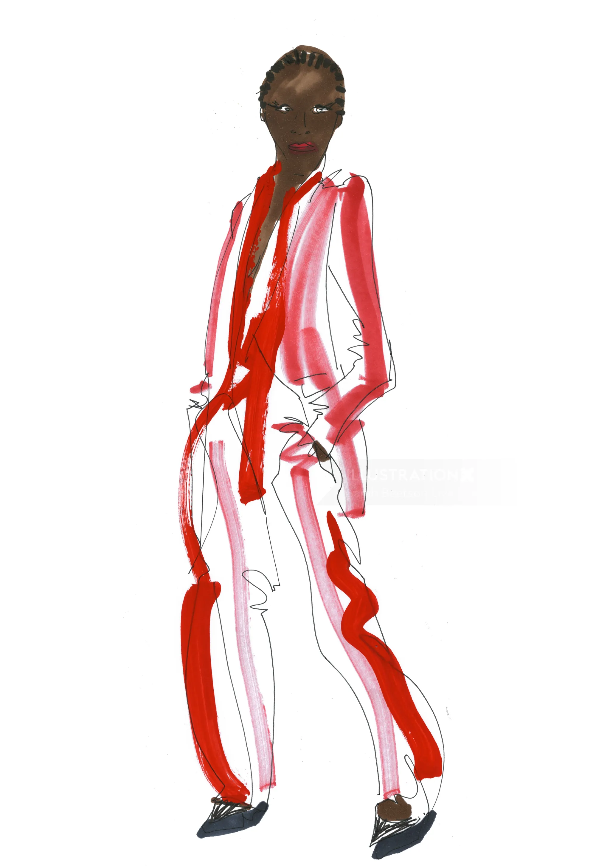 Fashion illustration of red satin suit by Frederick Anderson
