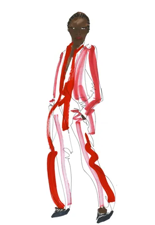 Fashion illustration of red satin suit by Frederick Anderson