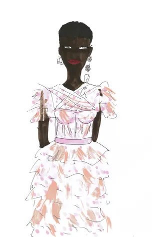 Dark-skinned model in pale pink ruffled taffeta dress