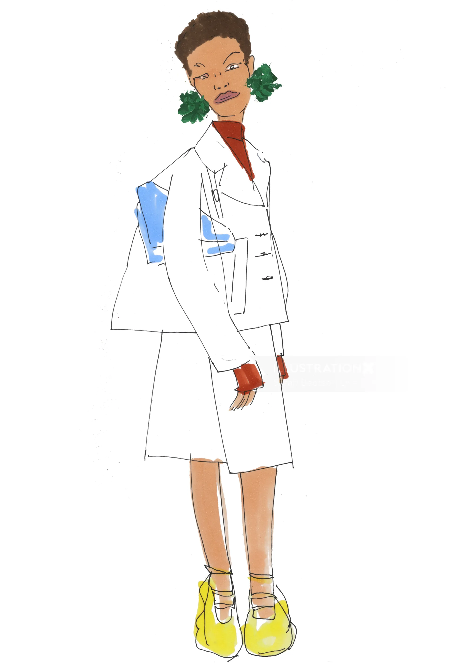 Modeillustration einer Frau im weißen Kostüm mit gelben Schuhen