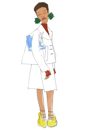 Fashion illustration of woman in white suit with yellow shoes