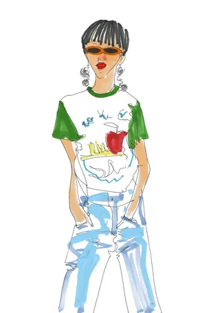 Fashion illustration of woman in NYC apple T-shirt and jeans