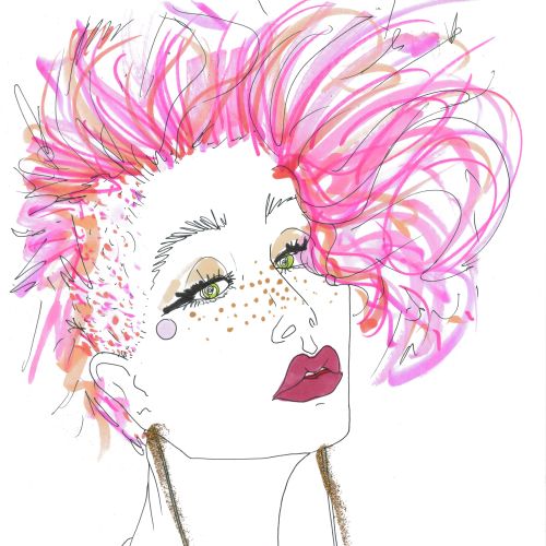 Portrait of woman with pink mohawk, freckles, and large earrings