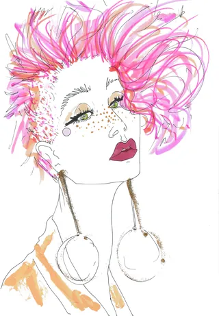 Portrait of woman with pink mohawk, freckles, and large earrings