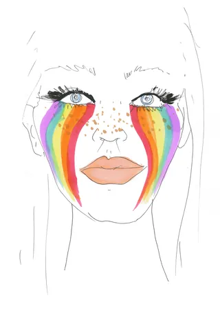 Face with rainbow makeup streaks and freckles