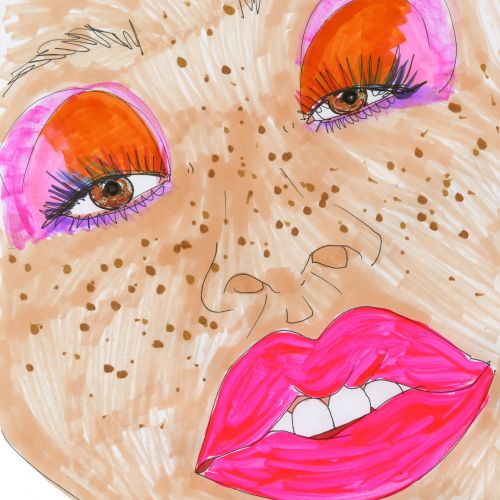 Close-up portrait with neon pink lips and orange-pink eye makeup