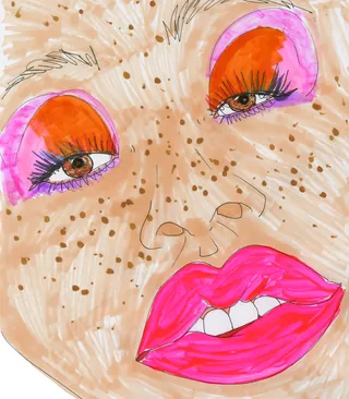 Close-up portrait with neon pink lips and orange-pink eye makeup