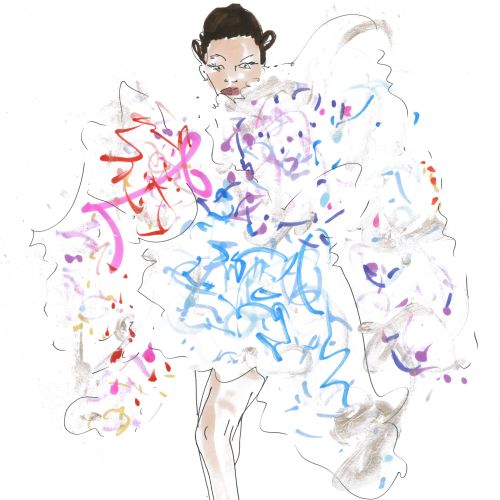 Fashion illustration of a model in a white multi ruched gown with colorful accents