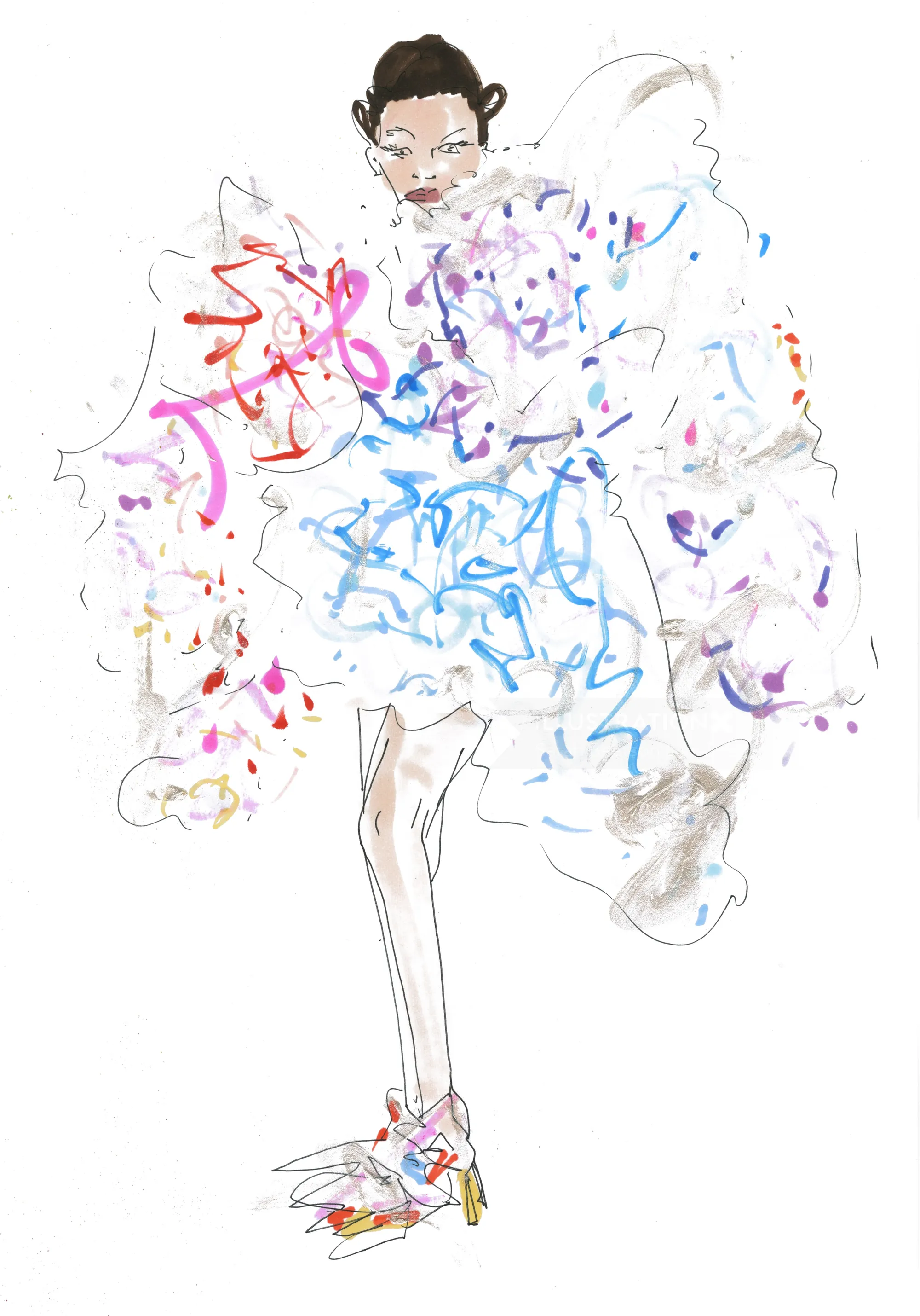 Fashion illustration of a model in a white multi ruched gown with colorful accents
