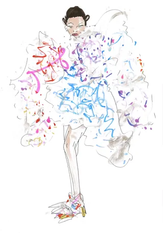 Fashion illustration of a model in a white multi ruched gown with colorful accents