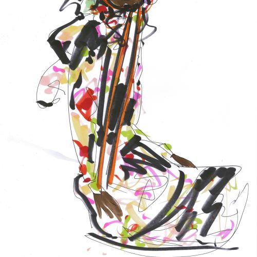 Fashion illustration of woman in colorful multi-print hooded dress