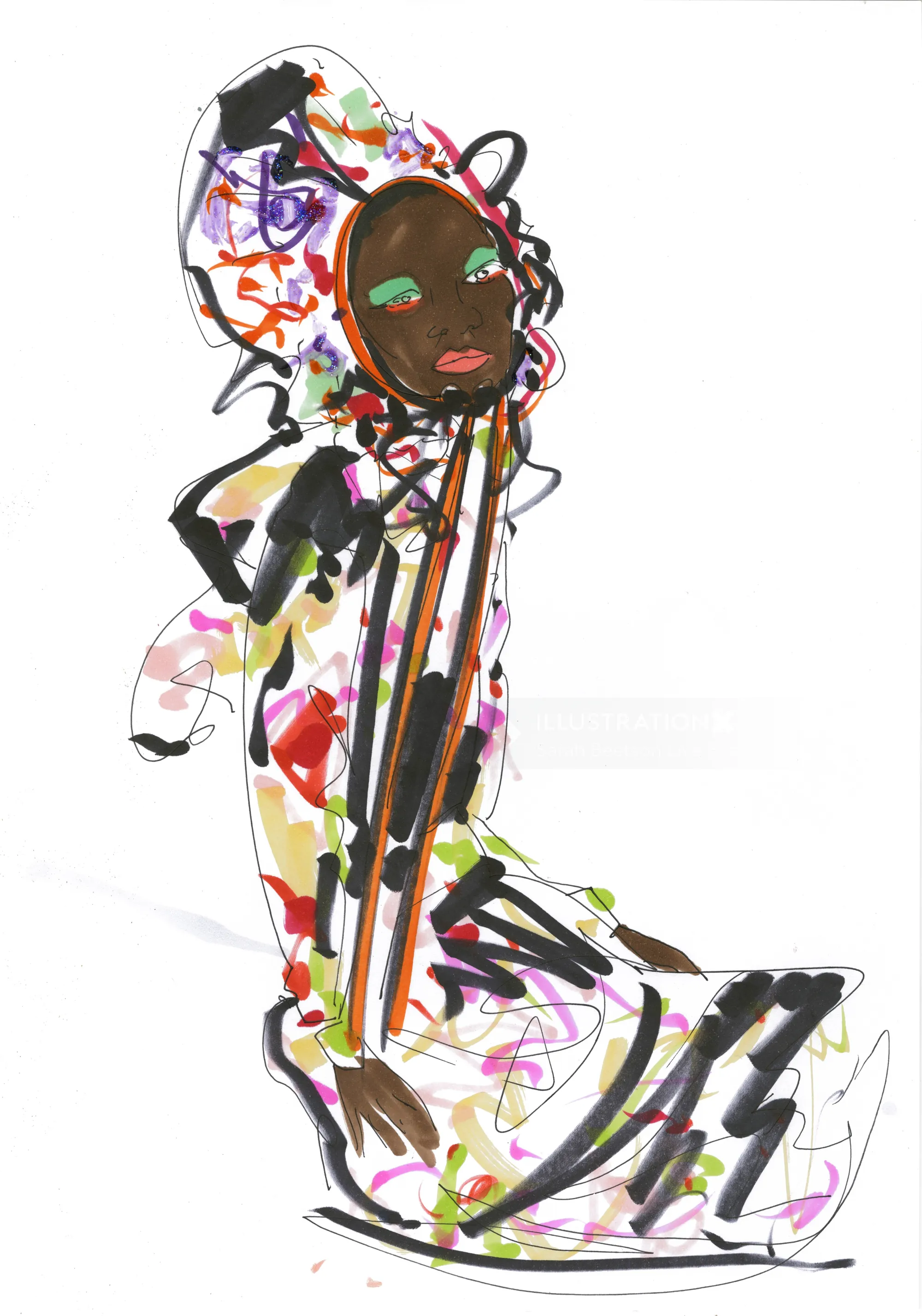 Fashion illustration of woman in colorful multi-print hooded dress
