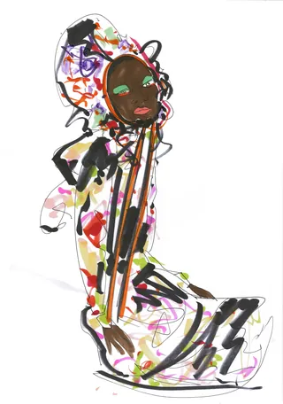Fashion illustration of woman in colorful multi-print hooded dress