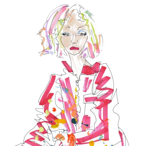 Abstract portrait of a woman in a colorful red suit by Sarah Beetson