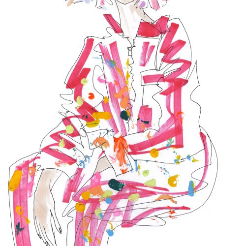 Colorful sketch of person with pastel rainbow hair in red splattered outfit