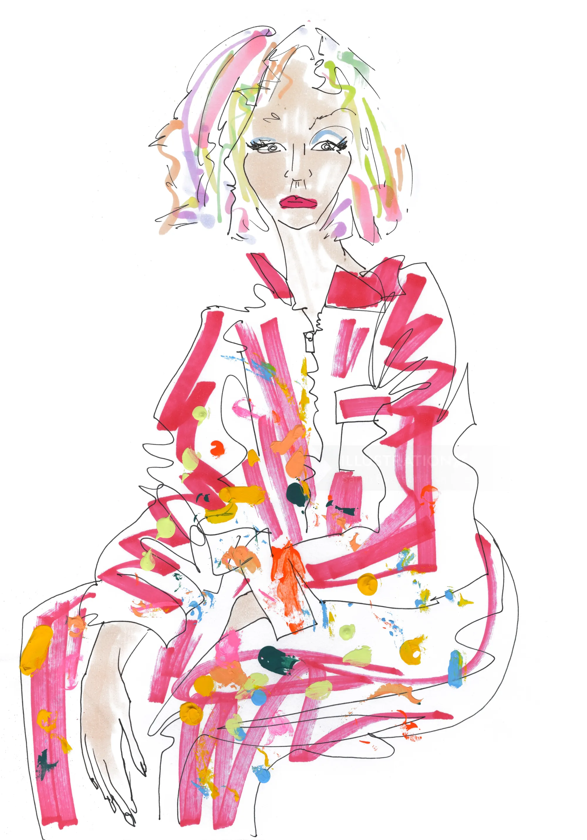 Abstract portrait of a woman in a colorful red suit by Sarah Beetson