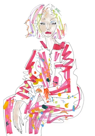 Colorful sketch of person with pastel rainbow hair in red splattered outfit