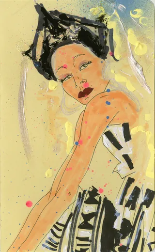 Abstract painting of a woman with black hair and colorful splashes