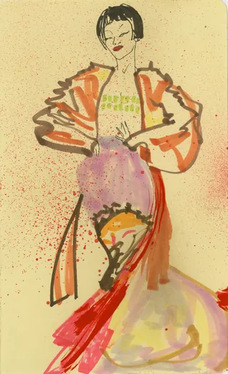 Fashion illustration of woman wearing a vibrant, flowing dress