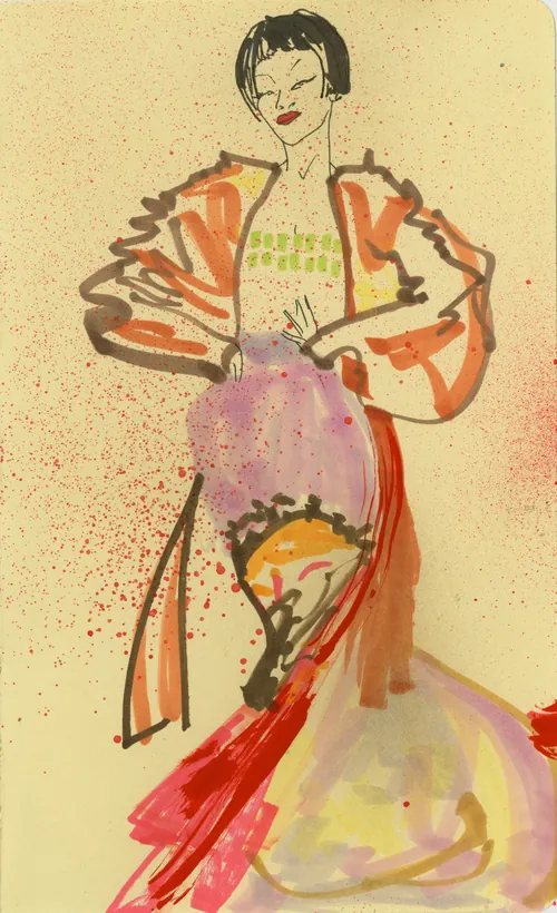 Fashion illustration of woman wearing a vibrant, flowing dress