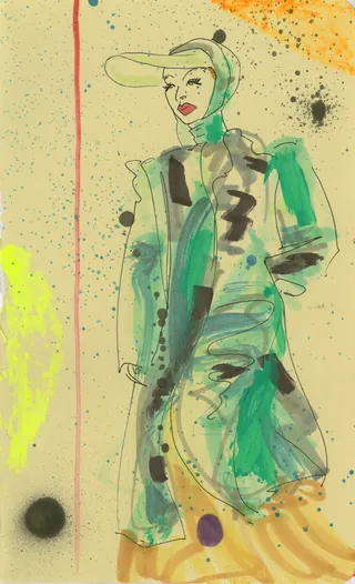 Abstract figure wearing a green coat and visor in watercolor style.