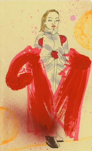 Fashion illustration of woman in red coat with abstract yellow background