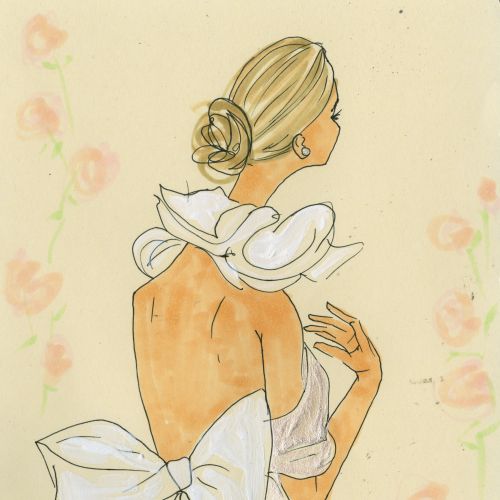 Woman in backless dress with large bow and soft floral background