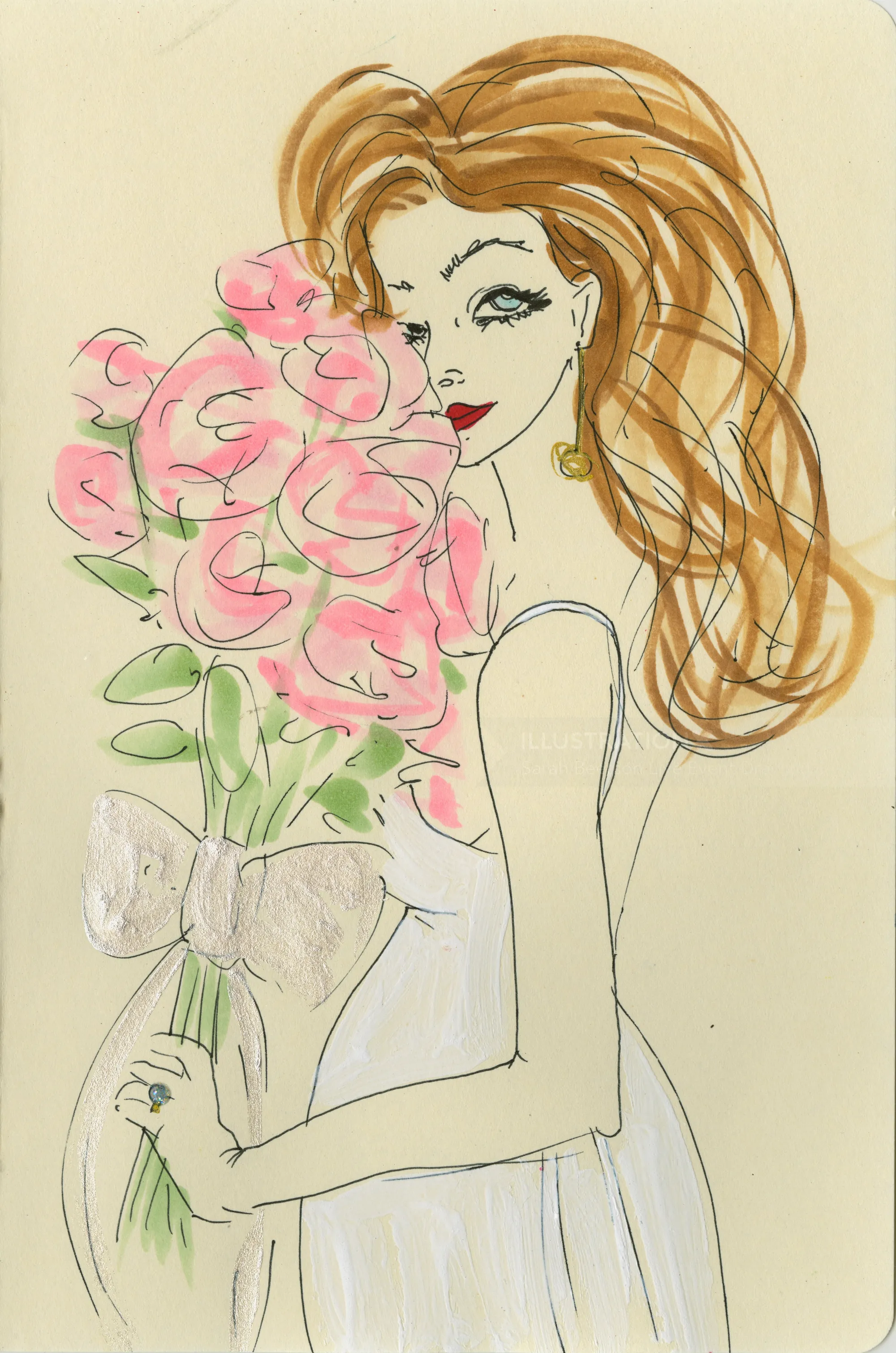 Skizze einer Frau mit langen Haaren, die einen Strauß rosa Blumen hält