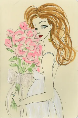 Sketch of a woman with long hair holding pink flowers bouquet