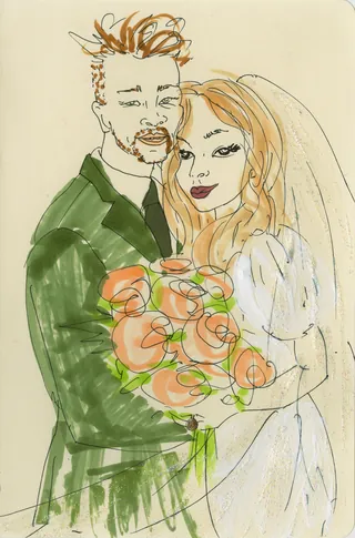 Illustration of bride and groom holding bouquet in wedding attire