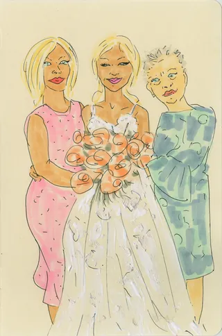 Three women, one bride in white dress holding flowers, two others in colorful dresses.