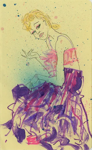 Watercolor painting of a seated woman with colorful abstract dress