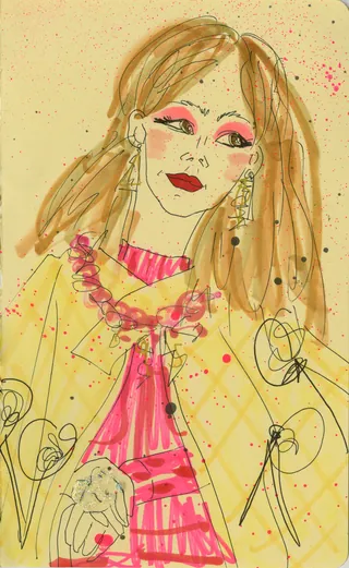 Fashion illustration of woman in yellow jacket and pink dress with earrings