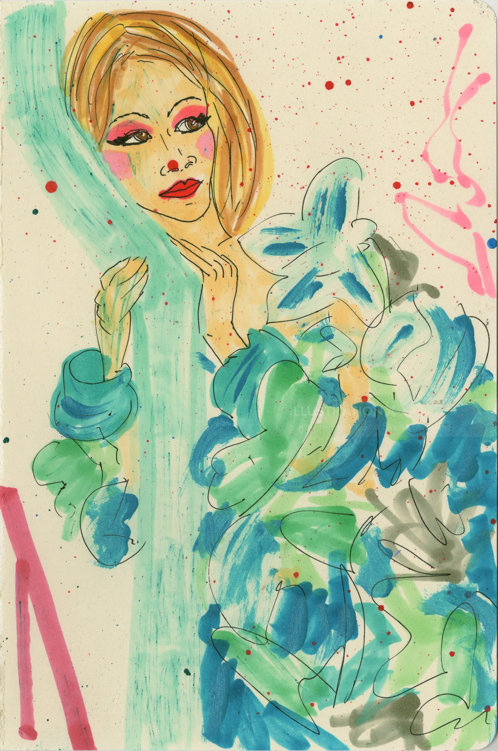 Aquarellmalerei einer Frau mit blauen und grünen floralen Elementen
