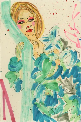 Watercolor painting of woman with blue and green floral elements