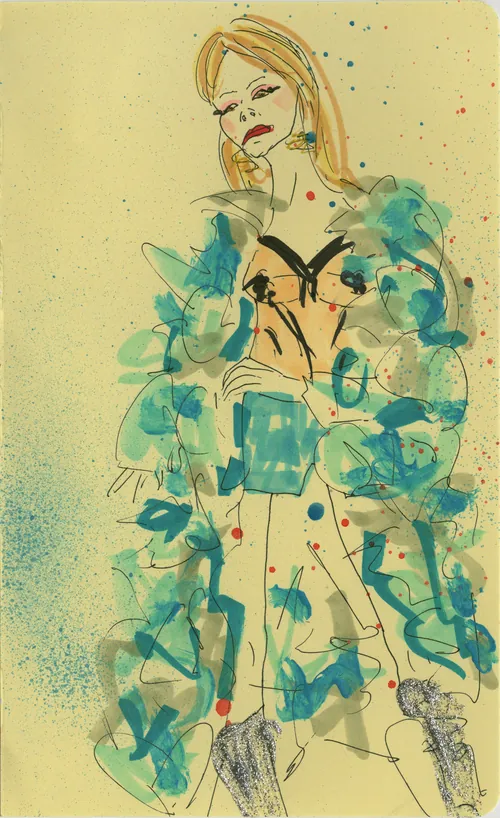 Stylish woman in floral robe and lingerie fashion illustration