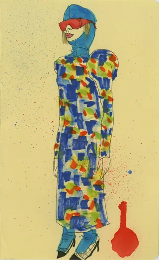 Abstract person wearing a colorful patchwork dress, red sunglasses, and blue hat