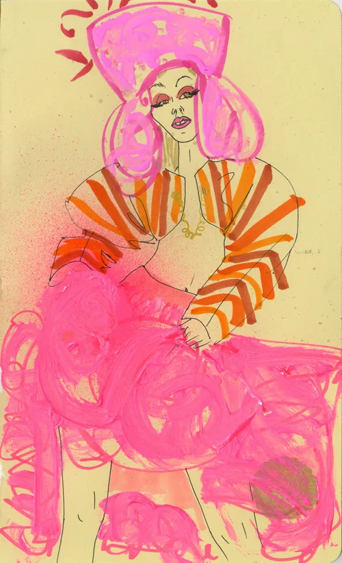 Fashion illustration of woman with large pink hat and striped top.