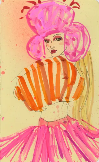 Fashion illustration of woman with pink hair and orange striped top