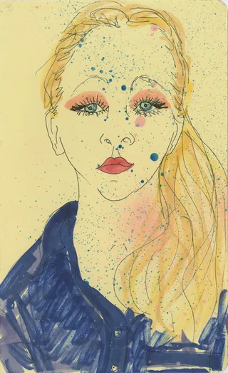Illustration of a woman with blonde hair and colorful paint splatters