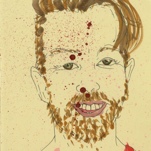 Watercolor painting of a man with beard wearing a red shirt