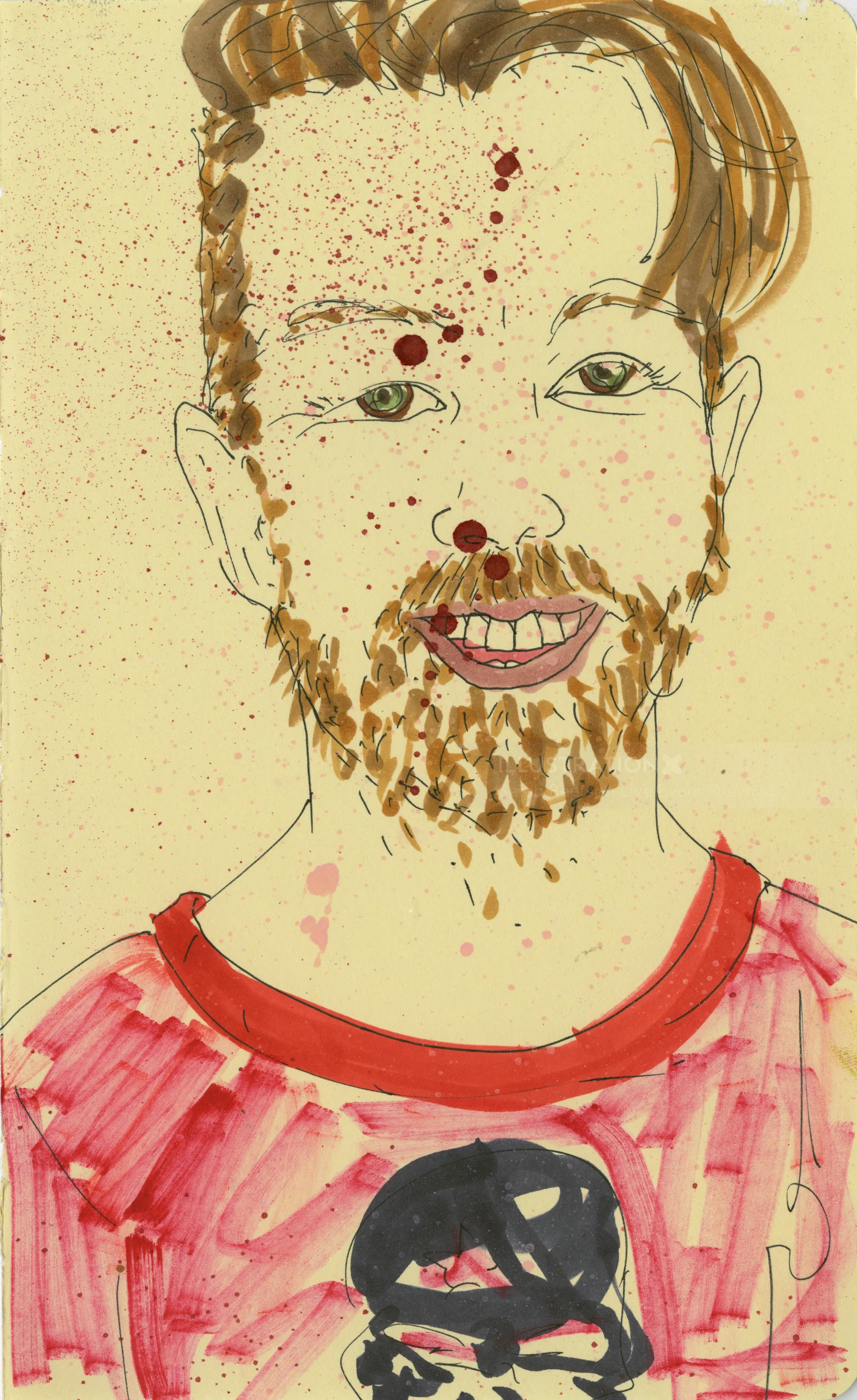 Aquarellgemälde eines Mannes mit Bart, der ein rotes Hemd trägt
