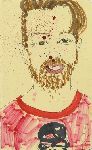 Watercolor painting of a man with beard wearing a red shirt
