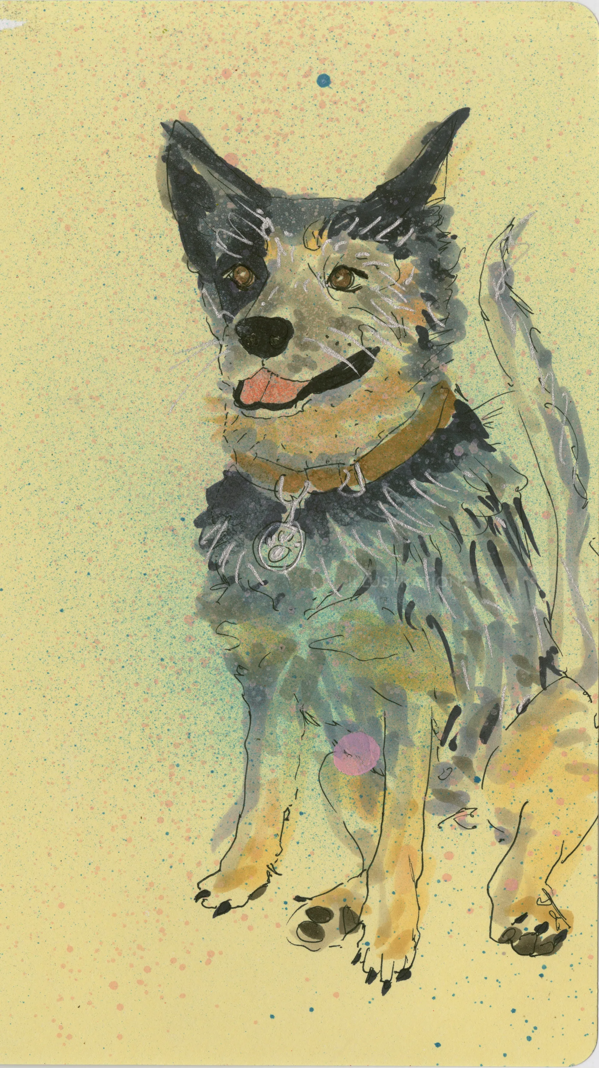 Watercolor illustration of a happy dog with black and tan fur