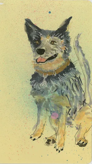 Watercolor illustration of a happy dog with black and tan fur