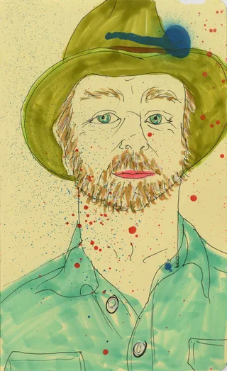 Watercolor portrait of man with beard, green hat and shirt
