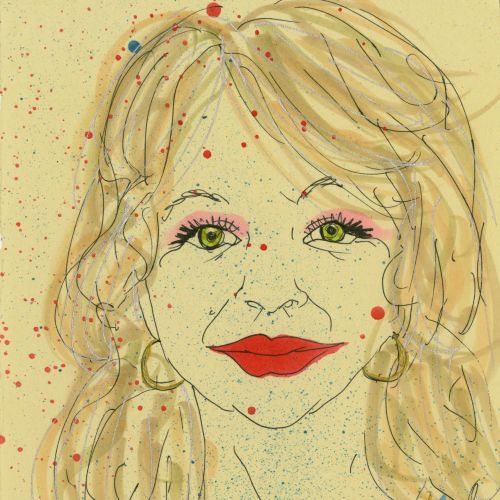 Artistic watercolor portrait of a smiling woman with red lipstick and flowers