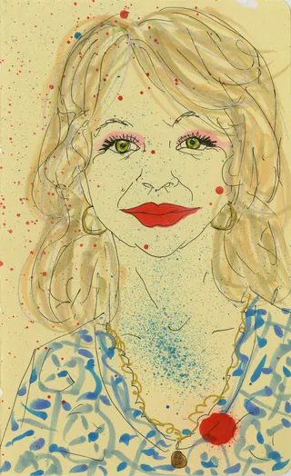 Artistic watercolor portrait of a smiling woman with red lipstick and flowers