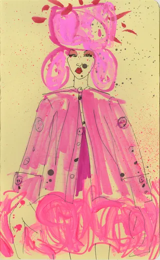 Illustration of figure wearing bright pink outfit and large hat